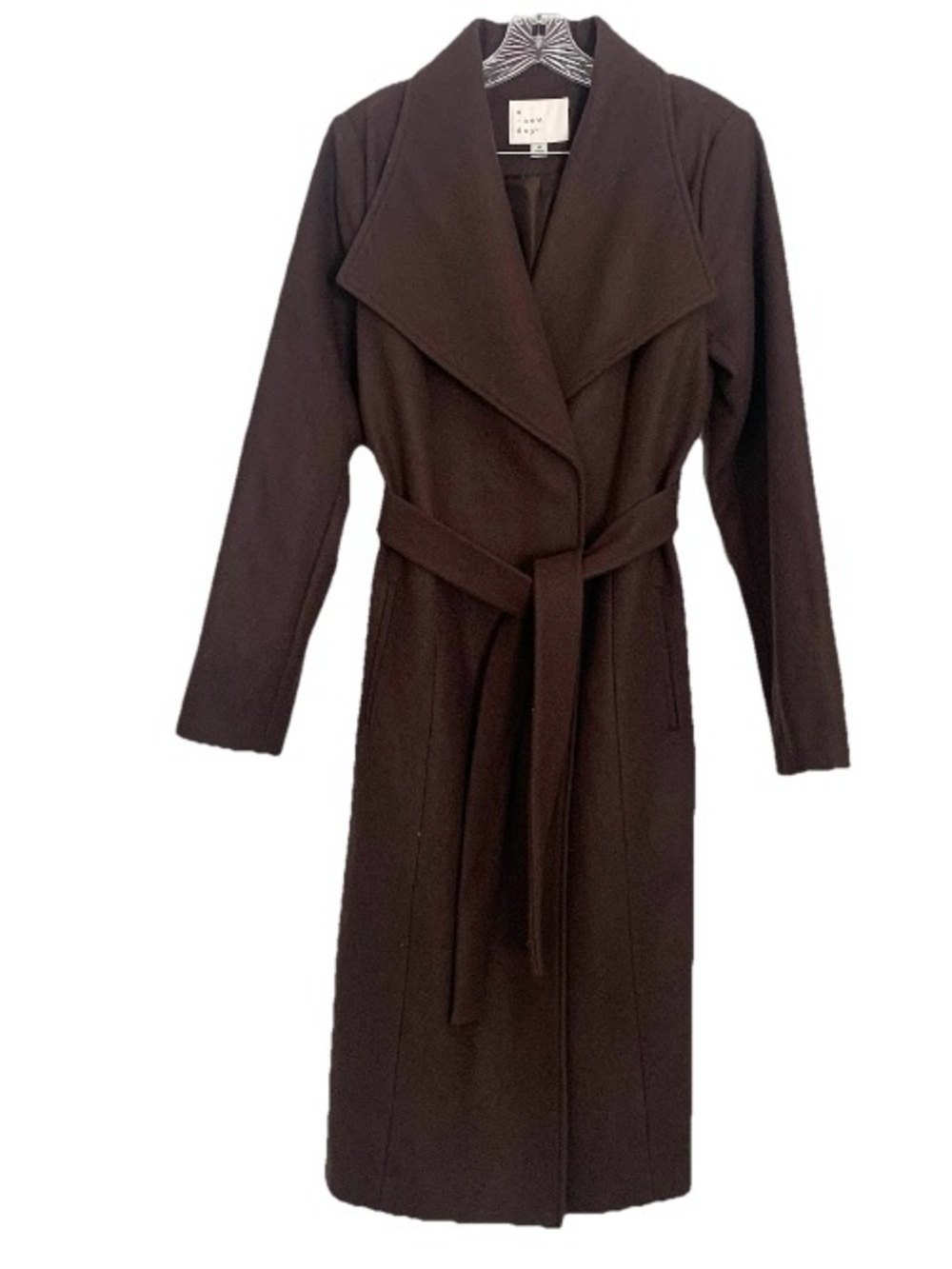 A New Day Coat Long Wool Blend Tie Waist Belted Sz M Chocolate Brown Trench